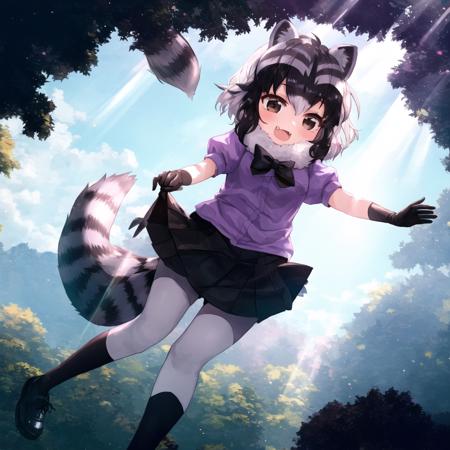 araisan, 1girl, animal ears, raccoon ears, solo, raccoon tail, grey hair, short hair, skirt, black bowtie, brown eyes, fur collar, puffy short sleeves, fang, raccoon girl, periwinkle shirt, pleated skirt, black skirt, bangs, black and white gloves, hair between eyes, white legwear, black shoes, white sleeves, sunlight, sun rays