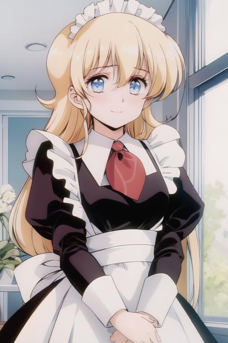 masterpiece, best quality, high-res, perfect lighting,
illies, 1girl, solo, blonde hair, long hair, blue eyes, large breasts, 1990s \(style\), retro artstyle,
smile, (nose blush), closed mouth, maid, maid headdress, maid apron, ribbontie, frill,
standing, looking at viewer, indoor, window
<lora:illies_plastic_little_v2.1:1> <lora:GoodHands-vanilla:1> <lora:fineline-v2:1>