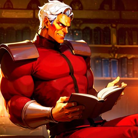 ((a man reading a book, bookshelfe and books in background))<lora:BisonLoRA:1> bison, red outfit , beautiful eyes, high detail skin, high detail eyes, high detail hair, highres, ultra detailed, ,sharpen picture, Highly detailed, masterpiece, best quality, upper cut