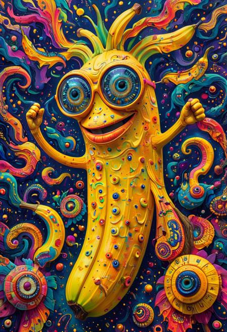 PsychadelicChaos, aidmaImageUpgrader, A vibrant, psychedelic movie poster featuring a friendly banana wearing oversized, mirrored sunglasses and a charming smile. The banana is surrounded by a chaotic, colorful swirl of surreal elements, including melting clocks, floating eyeballs, and twisted, abstract shapes. The poster's style is reminiscent of classic 1960s psychedelic art, with bold outlines, bright colors, and intricate patterns that seem to dance and shift before the viewer's eyes. The banana's cheerful expression contrasts with the wild, trippy atmosphere, creating a playful and intriguing scene that invites the viewer to step into its hallucinatory world.