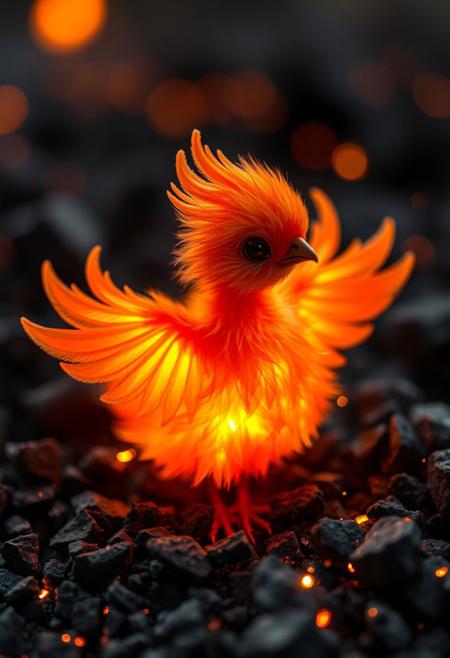 "A tiny, adorable baby fire Phoenix, its downy, flaming feathers a soft, glowing ember red, emerged from a pile of ash, its beady, black eyes shining with a fierce, inner light. The Phoenix's tiny, delicate wings, a whispered promise of future greatness, unfolded from its back, like a lotus blooming in the flames. A soft, golden glow seemed to emanate from the Phoenix's body, as if the very essence of fire and rebirth had been distilled into this one, perfect form. The ash around the Phoenix seemed to shimmer and dance, as if the flames themselves were rejoicing in the Phoenix's rebirth. Tiny, sparkling flames danced in the Phoenix's feathers, like a thousand tiny stars, infusing the creature with a magical, otherworldly aura. The overall effect was one of breathtaking, fiery wonder, as if the Phoenix were a living, breathing embodiment of the cycle of life and death, born from the ashes, reborn in fire and glory."