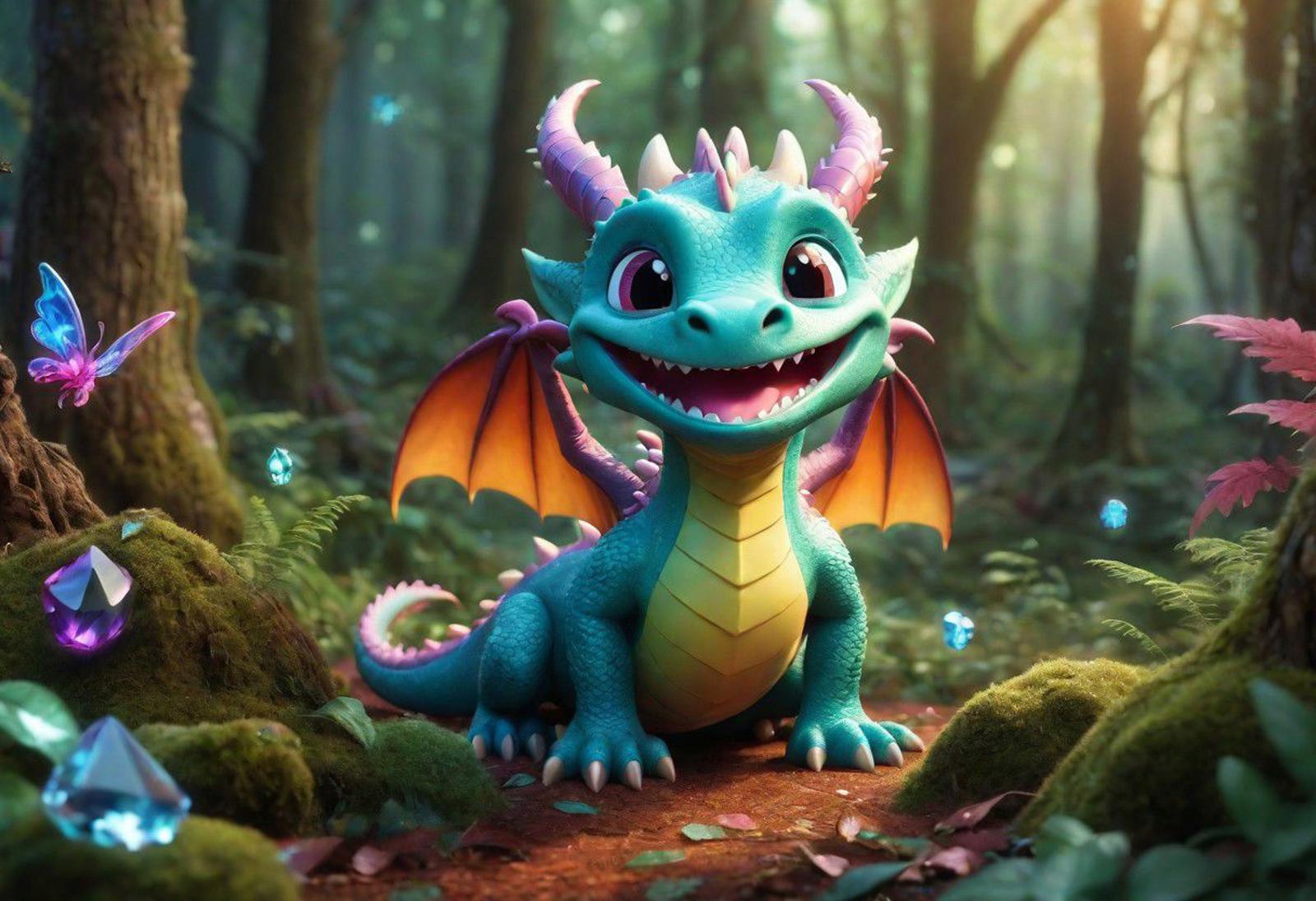 a small dragon smiling, in a forest, with faeries, fantasy, 3D render, Disney, Pixar, gorgeous, beautiful, crystals, color...
