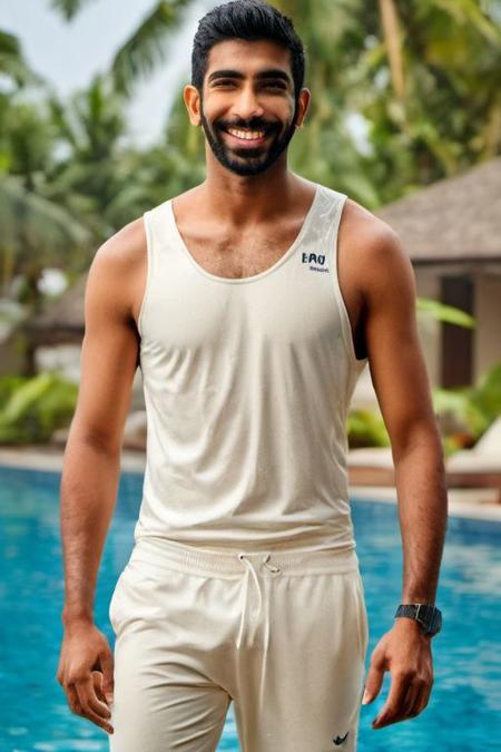 Sendhil Ramamurthy a man <lora:Jasprit-Bumrah_Sendhil-Ramamurthy:0.8>, poolside, (smirk:0.7), dynamic pose, bulge, muscular, realistic, masterpiece, intricate details, detailed background, depth of field, photo of a handsome man,