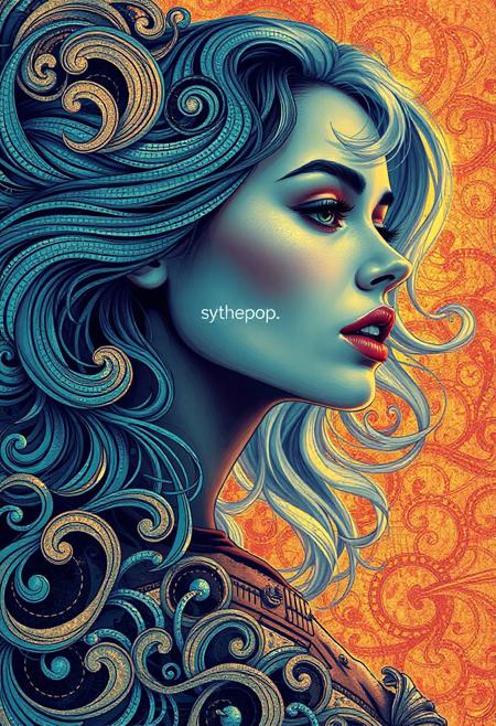 high quality design aesthetics, synth pop, detailed, pop album cover, beautiful young white woman, intricate swirls, patterns