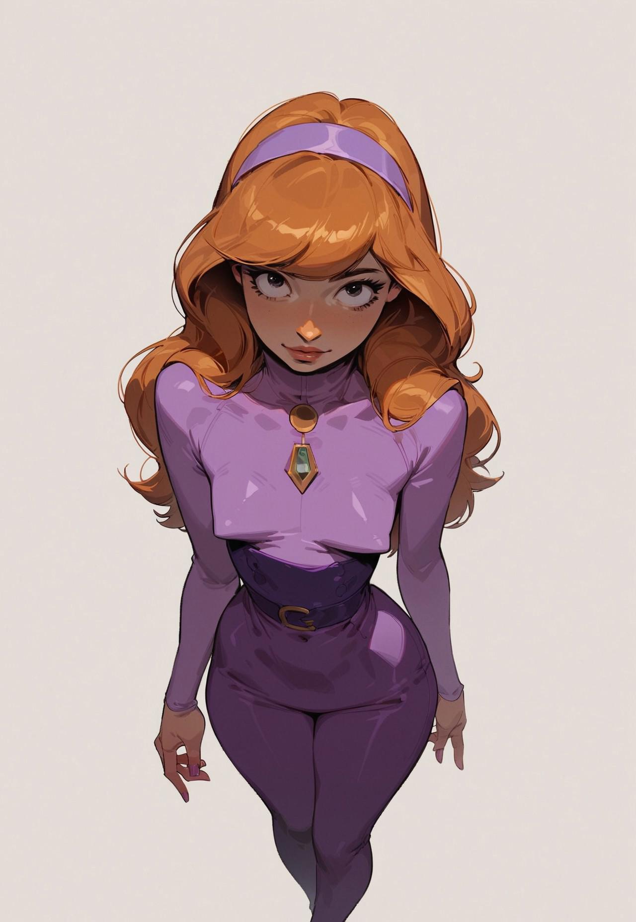 safe_pos, safe_pos, safe_pos, score_9, score_8_up, score_7_up, source_anime, high res image, masterpiece, best quality, daphne blake, small breasts, pointy breasts, cute face, clear skin, shiny hair, simple background, tight dress, Focus from above, puffy nipples, skinny, wide hips, small waist, fit body