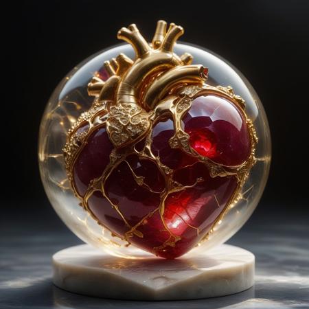 improved cinematic photo, 35mm photograph, film, professional, 4k, highly detailed,
A ruby fragment enclosing a Human Heart,
The ruby fragment is a smooth, slightly irregular sphere, roughly the size of a marble, with a warm golden red hue. Its surface is polished, gleaming softly under light, revealing a mesmerizing play of scarlet and gold, honey, and orange tones. Tiny air bubbles and organic inclusions are scattered throughout, lending it a sense of antiquity and natural complexity.
Inside, a perfectly preserved Human Heart lies suspended in time, its delicate body encased in the translucent ruby.
Around the Human Heart, subtle striations and minute organic fragments, possibly plant material or dust, create a vignette that frames the insect. The ruby's clarity varies in places, with some sections slightly cloudy, further accentuating the Human Heart as the focal point. The fragment feels timeless, a tiny time capsule offering a glimpse into a prehistoric world millions of years ago