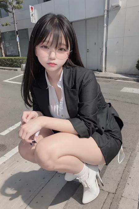 a photo of a girl wearing white office suit and black high heels in tokyo street, <lora:n3k0:0.8>, long shot, eye glasses,  <lora:koreanDollLikeness_v15 (1):0.2>, black short hair, from side view, full body,