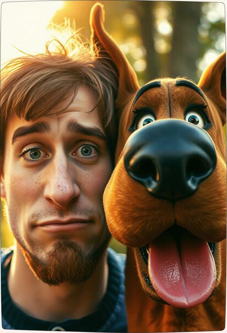 A hyper-detailed close-up portrait of Shaggy and Scooby-Doo, their faces side by side. Shaggy has messy brown hair, faint freckles, and a scruffy beard, looking slightly nervous. Scooby has wet, shiny nostrils, deep blue eyes, and droopy jowls, panting happily. The background is softly blurred, with warm sunlight filtering through trees. Photorealistic, skin and fur textures lifelike.
DCIM, DSC, jpg , polaroid, fujifilm 400, faded