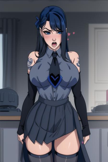 <lora:sleepygimp:0.8>, sleepygimp, masterpiece, best quality, breasts, 1girl, solo, heart, twintails, long hair, necktie, heart hands, detached sleeves, blue eyes, skirt, thighhighs, shirt, blue hair, very long hair, looking at viewer, black skirt, sleeveless, heart ahoge, blush, sleeveless shirt, tattoo, ahoge, nail polish, black thighhighs, hair ornament, blue nails, black sleeves, open mouth, pleated skirt, bare shoulders, bangs, blue necktie, grey shirt, collared shirt, miniskirt, hair between eyes, blurry foreground, sweatdrop