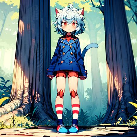 <lora:Neferpitou001:0.3>,<lora:add_detail:1>,<lora:noline:0.3>,
Neferpitou,1girl,red eyes,cat ears,
blue jacket,double-breasted,
(brown shorts:1.2),striped,
brown socks,blue footwear,
full body,standing,4 fingers,cat tail,
doll joints,nature,solo,