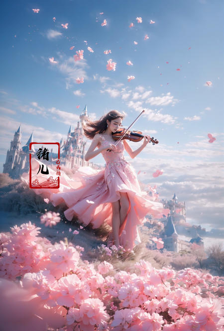 (A girl in a dress is in the air:1.3), playing a violin, (wide shot, wide-angle lens,Panoramic:1.2),super vista, super wide AngleLow Angle shooting, super wide lens, Castle background
violinbare shoulderspetalspink dressfrom belowblurry foreground 
(full body:1.5),(long legs:1.3), 
<lora:~Q?-\ct4 violin:0.8>