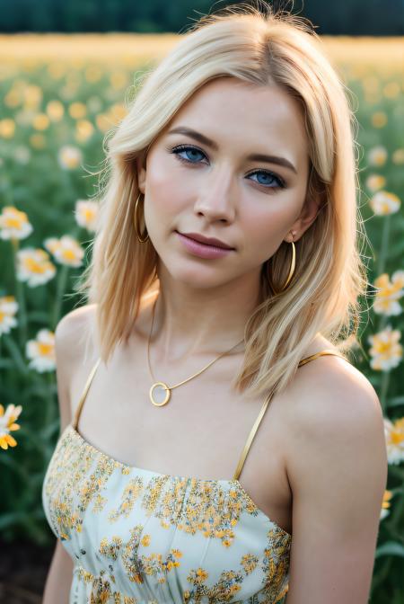 best quality (raw:1.1) photo of  (blonde Rach3lr1l3y01:0.99), ((subtle makeup:1.2)), (summer dress:1.2), ((standing in a field of flowers:1.2)), (closeup:1.2), (sun setting), golden necklace, (golden earrings:1.1), RAW candid cinema, 16mm, color graded portra 400 film, remarkable color, ultra realistic, textured skin, remarkable detailed pupils, realistic dull skin noise, visible skin detail, skin fuzz, dry skin, shot with cinematic camera, detailed skin texture, (blush:0.2), (goosebumps:0.3), subsurface scattering