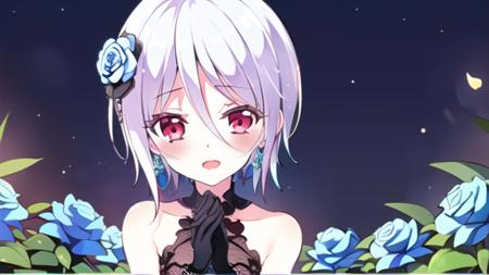 ((masterpiece, best quality)),1girl, solo, short hair, red eyes,blush,<lora:furano:0.9>,siitting,blue_rose, blue_flower, flower,  jewelry, dress,hair_flower, rose, earrings,bare_shoulders,black gloves, night sky,in a garden,open mouth, praying,