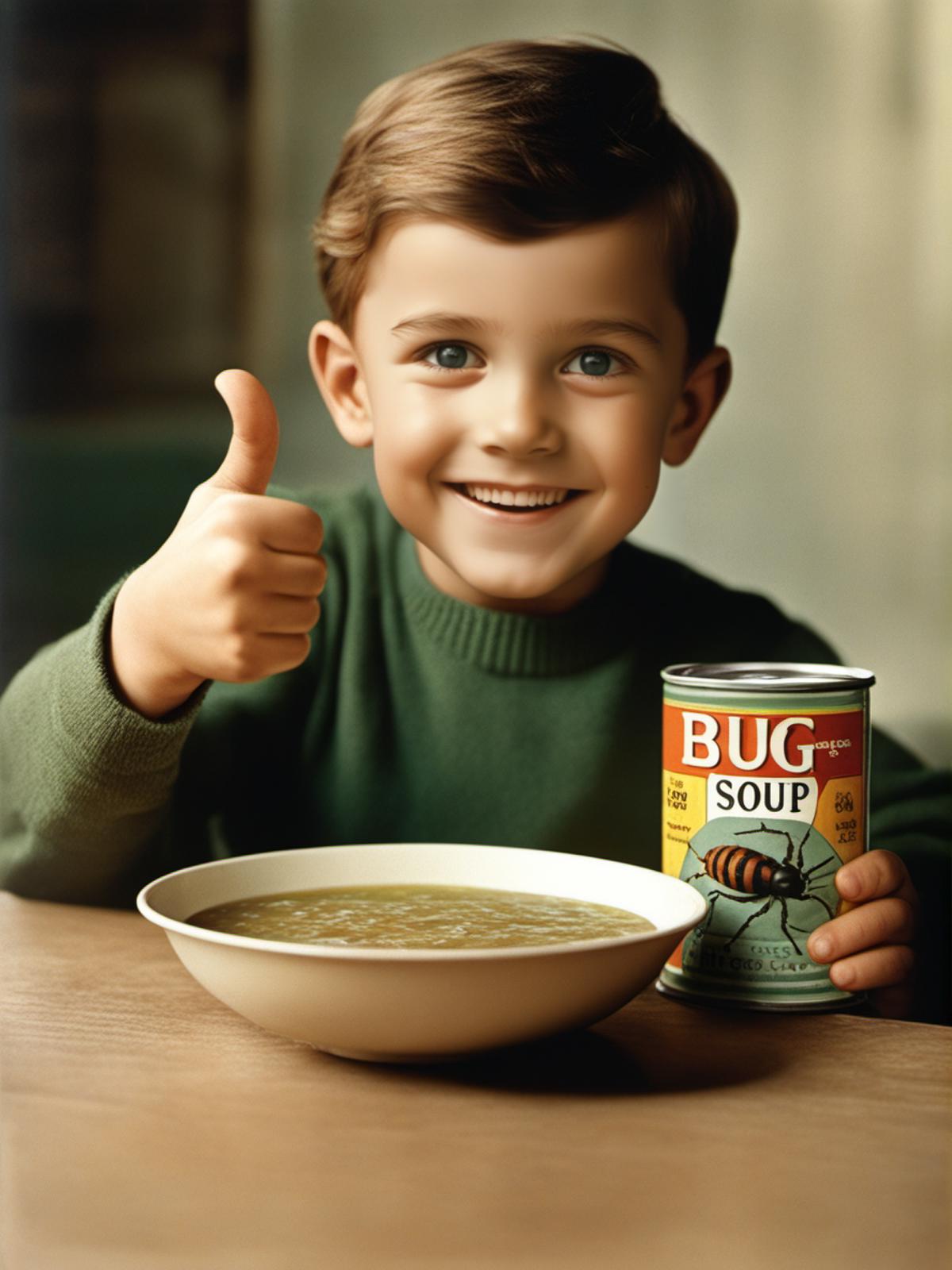 A young boy giving a thumbs up while holding a can of soup.