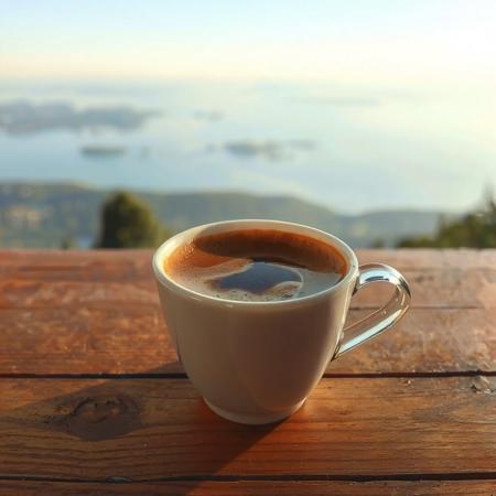 A cup of coffee on a wooden table, with hints of flavor Chocolate, Vanilla, Apricot, Pepper. front view across the horizon.