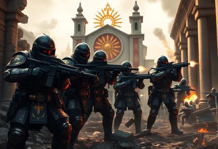 In the midst of a war-torn city, a squad of armored warriors stands firm, defending the Church of the Blazing Sun. Their armor, a blend of medieval craftsmanship and modern combat gear, shines with golden sun motifs, reflecting the divine light from the radiant church behind them. The warriors, armed with powerful rifles and machine guns, brace for the next wave of attackers.
Crouched behind crumbling walls and debris, they keep their guns trained on the advancing enemy forces. Some take position at the church’s shattered columns, machine guns resting on makeshift barricades. Their weapons, marked with the sun's insignia, emit bursts of gunfire as they fire with precision, keeping the enemy at bay.
The church looms large in the background, its blazing sun symbol glowing fiercely amidst the smoke and destruction. Flames flicker in the distance, casting long shadows over the warriors as they stand united, their devotion unwavering. With disciplined movements and sharp coordination, they prepare to defend the sacred ground from being overtaken.
As the battle rages, the warriors' rifles echo through the broken streets, a symbol of their enduring resolve to protect the Church of the Blazing Sun against the chaos surrounding them.