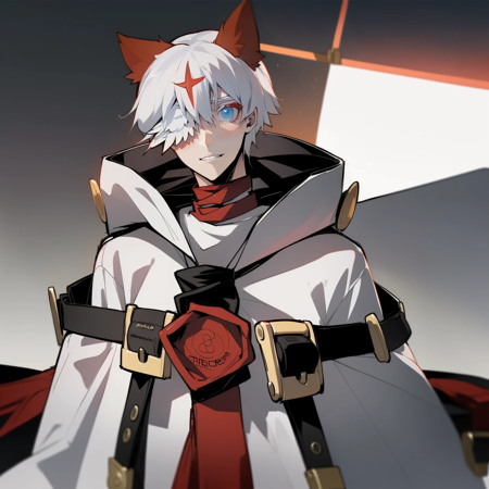 Red cat ears, star on head, wing eye patch, white hair, blue eye, long coat, hood, guilty gear, Asuka R Kreutz