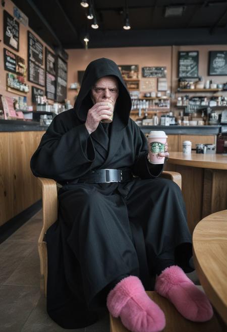 Emperor Palpatine wearing (black sith robe) and (fuzzy pink slippers on his feet) , drinking coffee from StarBucks
 gritty , militaristic, StarWars themed, echo image, sidelit, cinematic photograph, noise offset,  <lora:add-detail-xl:1> , Getty Images quality photograph , double exposure, multiple-exposure photograph, UHD, experimental lighting, experimental angles, strong fisheye-lens/ intense fisheye-view photograph, intricately detailed, very detailed background, realisticvision-negative-embedding, realisticvision-negative-embedding, epiCRealism