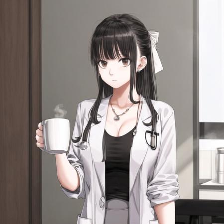 <lora:jun2:1>, jun, 1girl, black skirt, bow, breasts, coffee, coffee mug, collarbone, cup, dr. nadja, grey hair, grey shirt, hair bow, highres, jewelry, labcoat, large breasts, long hair, looking at viewer, mug, pantyhose, pencil skirt, pendant, shirt, skirt, taut clothes, taut shirt, watch