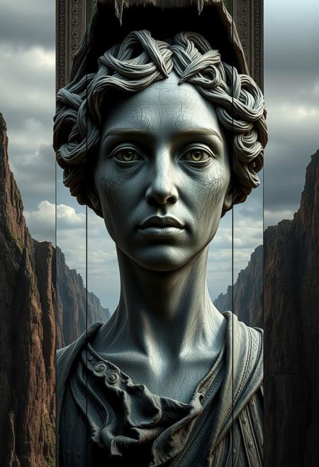 art statue in cliffs, in the style of realistic hyper-detailed portraits, cryengine, detailed facial features, ingrid baars, multi-panel compositions, guido van helten, concept art