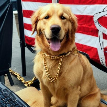 A golden retriever with gold chains and aviator sunglasses, holding a cup in paw