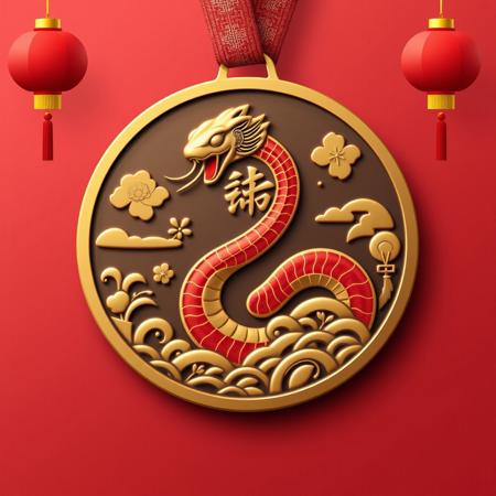 Generate a medal with the theme of “Snake Year Spring Festival,” and the design should meet the following criteria:
Theme-appropriate design: The central focus of the medal should feature a beautifully and smoothly designed snake representing the Snake zodiac year. It can incorporate traditional Chinese cultural elements, such as clouds, lanterns, couplets, firecrackers, etc., to reflect the festive atmosphere of the Spring Festival.
Reflect the UI style of the site "hdkyl": Please refer to the UI design style of the site "hdkyl," using a color scheme primarily of red, gold, and yellow. The design should combine simplicity with elegance, presenting a modern yet festive feel that blends technology with traditional holiday elements.
No real people, real-world scenes, or AI-generated people: The design should not include any real human figures or real-world scenes. Focus on showcasing the elements of the Spring Festival and the symbolism of the Snake zodiac year, avoiding real-life people or scenes.
No inappropriate elements: Avoid any disturbing elements such as blood, horror, pornography, or distorted, unnecessary limbs, and meaningless text.