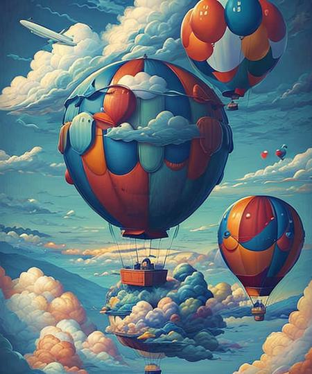 balloons and an airplane flying high, masterpiece by ncwinters, in the mystical clouds,  <lora:ncwinters-12:1>