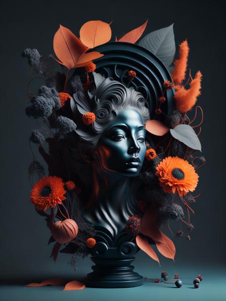 <lora:SurrealHarmony:0.7>a statue of a woman surrounded by flowers and leaves