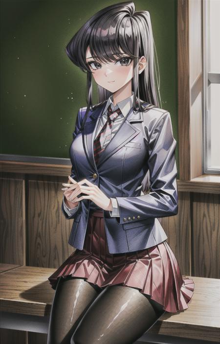 (masterpiece, top quality, best quality, official art, beautiful and aesthetic:1.4), (8k, best quality, masterpiece:1.4), (looking at the viewer, cowboy shot, sitting:1), 1girl, solo, Komi, (Black hair, long flowing hair, Black colored hair, bangs:1.2), (Black eyes, shining Black eyes:1.3), [smile, closed mouth:1.2], [large breasts:1], (Komi School, school uniform, red checkered tie, pleated skirt, red skirt, blue jacket, blazer, white shirt, pantyhose, black pantyhose:1.4), (epic glow:1.4), <lora:more_details:.4>,  <lora:KomiLora:.7>