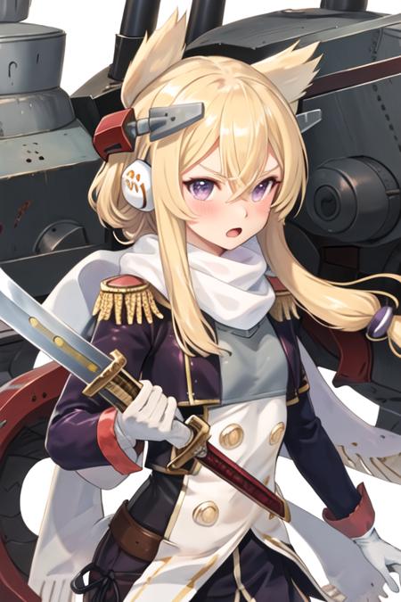 best quality, masterpiece, highres, solo, {warspite_azurlane:1.15}, blonde_hair, long_hair, purple_eyes, bangs, hair_between_eyes, blush, headgear, sidelocks, epaulettes, 1girl, gloves, holding, holding_sword, holding_weapon, looking_at_viewer, scarf, sword, weapon, white_gloves, long_sleeves, hair_ears, jacket, open_mouth, upper_body, white_scarf