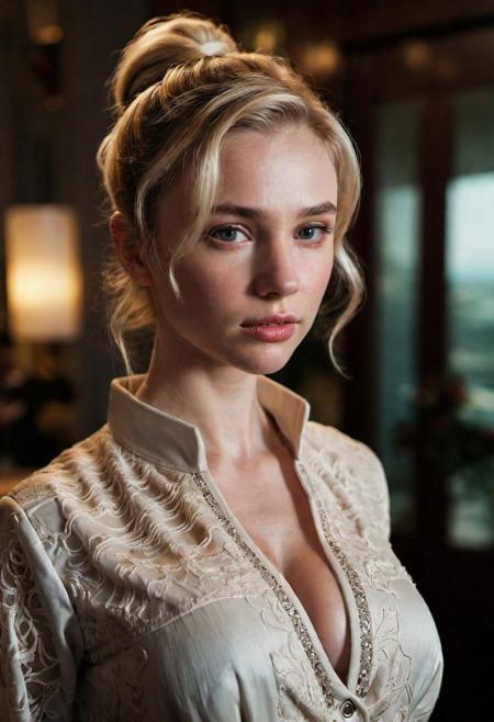 (((Worm's perspective))), (detailed face: 1.3), blonde woman, (wearing a smock blouse:1.2), long elegant ponytail, (dim light :1.1), looking down, teasing,(realistic, photo-realistic:1.4), (horny facial expression:1.2), standing in luxury hotel lobby , (34D breasts: 1.2), textured skin, natural skin, dramatic shadows, Porta 160 color, shot on ARRI ALEXA 65, bokeh, sharp focus on subject, Award - winning, soft cinematic light, adobe lightroom, photolab, intricate, highly detailed, sharp focus, (cinematic look: 1.2), insane details, intricate details, hyperdetailed, low contrast, soft cinematic light, exposure blend, sfw