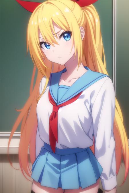 chitogekirisaki, <lora:chitoge kirisaki s2-lora-nochekaiser:1>,
chitoge kirisaki, long hair, blue eyes, blonde hair, ribbon, hair between eyes, very long hair, hair ribbon, multicolored hair, red ribbon, gradient hair, angry, frown,
BREAK skirt, shirt, thighhighs, school uniform, collarbone, white shirt, pleated skirt, necktie, serafuku, sailor collar, red ribbon, blue skirt, blue sailor collar,
BREAK indoors, classroom,
BREAK looking at viewer, (cowboy shot:1.5),
BREAK <lyco:GoodHands-beta2:1>, (masterpiece:1.2), best quality, high resolution, unity 8k wallpaper, (illustration:0.8), (beautiful detailed eyes:1.6), extremely detailed face, perfect lighting, extremely detailed CG, (perfect hands, perfect anatomy),