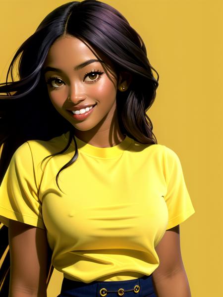 Realistic photo of a beautiful n40m1c woman,1girl,solo,long hair,breasts,looking at viewer,smile,simple background,shirt,black hair,brown eyes,upper body,teeth,dark skin,grin,dark-skinned female,lips,yellow shirt,realistic,nose, soft lighting, professional Photography, Photorealistic, detailed, RAW, analog, sharp focus, 8k, HD, high quality, masterpiece<lora:n40m1c:1.0>