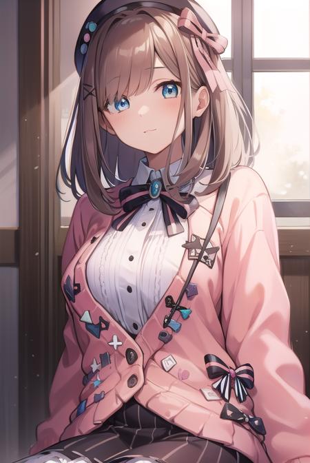 lulu suzuhara, blue eyes, brown hair, hair ornament, hair over one eye, hair ribbon, hat, beret, boots, bow, bowtie, brooch, buttons, cardigan, frills, jewelry, pantyhose, ribbon, skirt, striped, striped pantyhose, striped skirt, vertical stripes, vertical-striped pantyhose, virtual youtuber,  (pink cardigan:1.5),