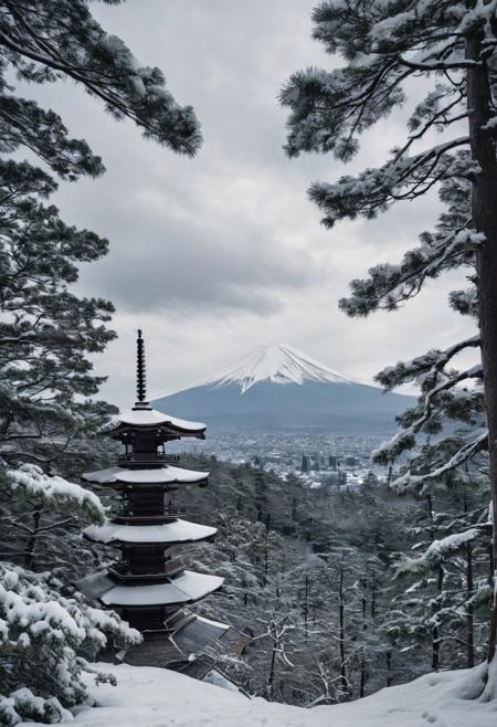 masterpiece, photorealistic, a dark dense and vast winter forest, distant mountains, japanese pagoda japanese architecture, japanese forest, pine trees, cloudy sky, snow, mt. fuji, serene, peaceful