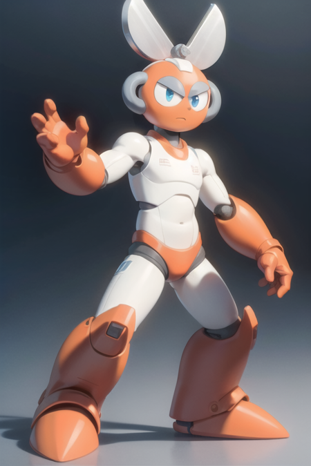 1boy, male, robot, cut_man, scissors, noseless, blue eyes, orange footwear, orange boots, orange gloves, orange speedo, white bodysuit, robot joints, wide stance, one hand up, masterpiece, highly detailed, scifi background, no humans