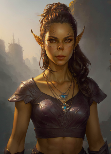 githyanki, female, solo, navel, jewelry, pointy ears, necklace, hair bun
, ((masterpiece, best quality)), art by greg rutkowski, artwork trending on artstation  <lora:githyanki_offset:1>