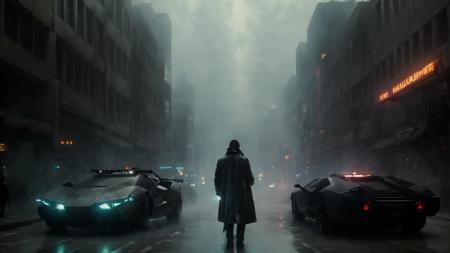 ((masterpiece:1.5)), {best quality}, Man wearing long coat holding a gun facing away with Lamborghini concept cars on a cyberpunk street in the style of Blade Runner, ((bladerunner2049)), flying cars in the background, man wearing long coat with back turned, tall buildings, street, city, ((gun in hand)), ((holding a gun)), highres, 8k, good lighting, cinematic, movie, ((colored heavy fog)), saturation, sharp image, lens flare, (wallpaper), award winning photography, ((wide angle photo:1.4)), high definition, epic, insanely detailed, hyper-realistic, super detailed, realistic, ((volumetric lighting:1.4)), <lora:Blade_Runner_Style:.4>