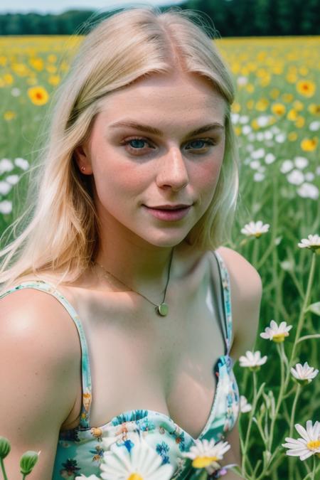 raw photo of a stunningly beautiful young woman, [blonde], perfect face, clear eyes, in a field of flowers, upper body, close up, (uhd 8k, masterpiece, fujifilm xt3), <lora:femkeMeines-000007:0.7>, [smiling:0.5]