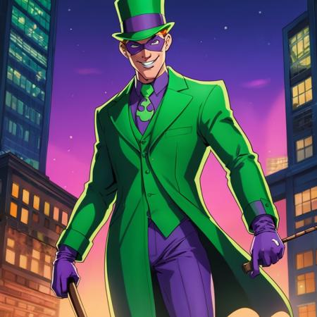 anime artwork of  <lora:Riddler:1.2>
Riddler a cartoon character dressed in a green suit and holding a stick in Gotham city universe, anime style, key visual, vibrant, studio anime,  highly detailed