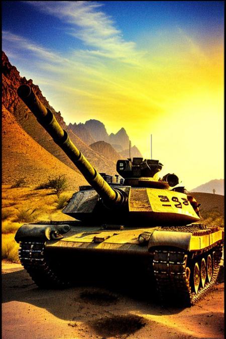 tank, 1tank. day light, full view, red lights., desert., close view, side view