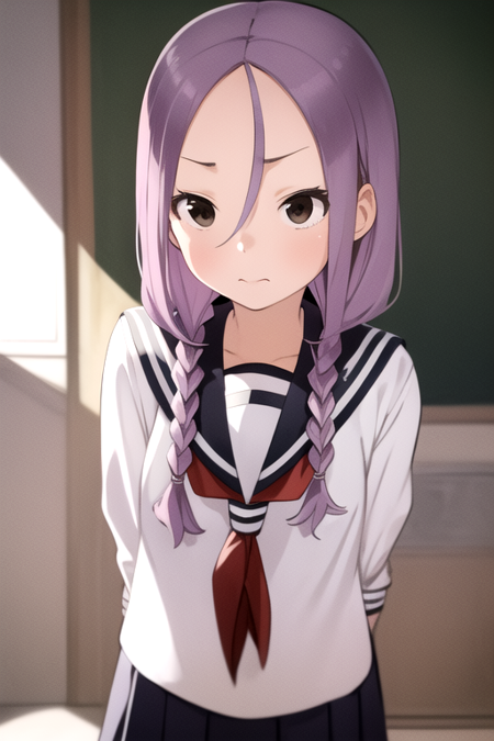 masterpiece, best quality, 1girl, solo, brown eyes, purple hair, twin braids, serafuku, school uniform,