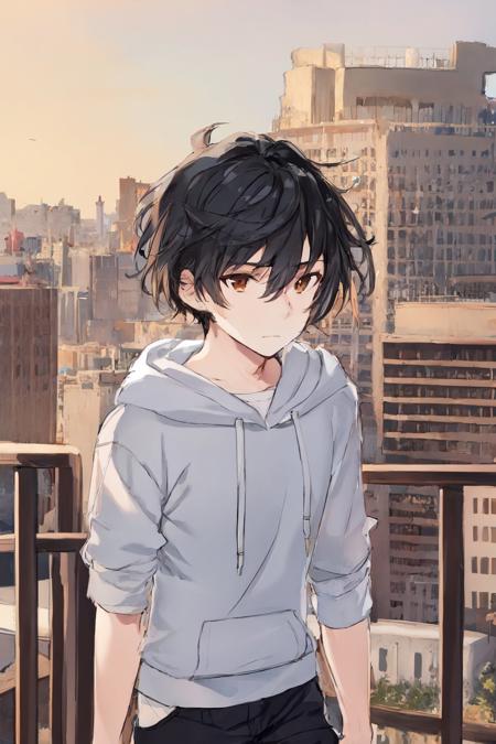 <lora:style_taiki-20:1>, sketch, solo, male focus, 1boy, expressionless, looking to the side, short black hair, hair between eyes, sidelocks, brown eyes, white hoodie, cargo pants, cityscape scenery