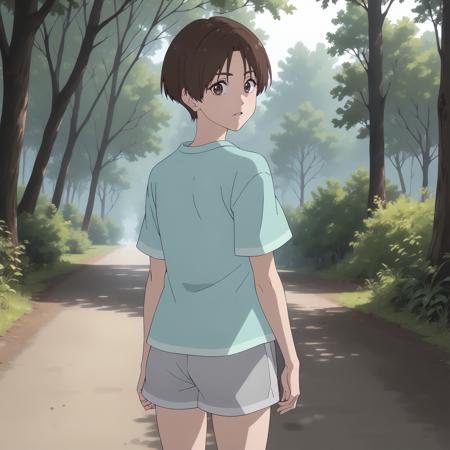 ChisatoDojima,1girl,brown hair,short hair,brown eyes, aqua shirt,short_sleeves, gray shorts, barefoot,