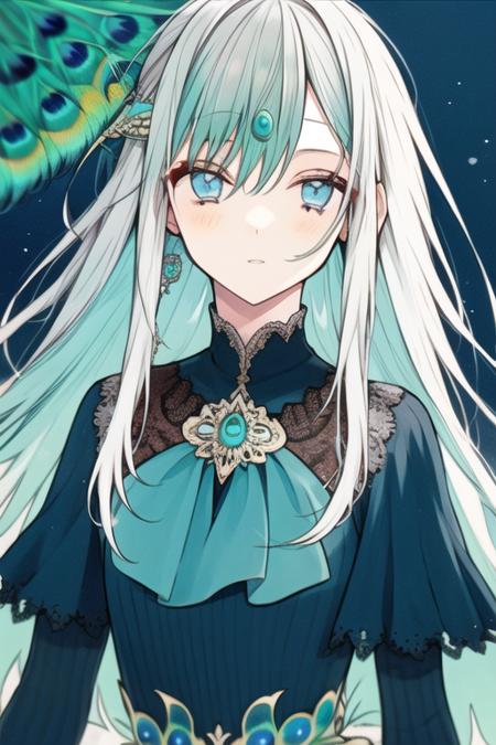 1girl,<lora:chiang_v7:0.8>  ，blue eyes, detailed eyes, peacock wing, [peacock feather gorgeous dress:(peacock feathers):0.65], (disheveled hair), colored tips, colored inner hair, jewelry, intricated filigree, feathers on dress