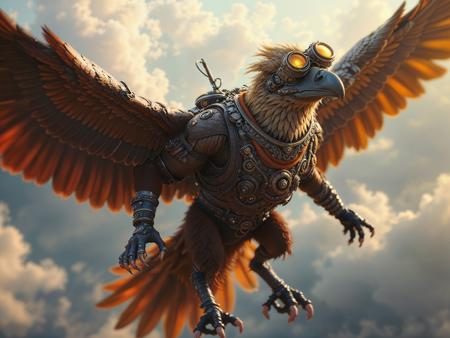 Humanoid eagle, steampunk goggles, steampunk attire, flying, action, airy, epic, sky temple, steampunk, aerial view, dynamic lighting, masterpiece, best quality, ultra-detailed, highly detailed, sharp focus, 8k, 4k, crisp edges, refined details, perfect composition, clean background, depth of field, cinematic lighting, vibrant colors, award-winning style, intricate design, professional quality, flawless rendering, concept art, masterpiece, best quality, ultra-detailed, highly detailed, sharp focus, 8k, 4k, crisp edges, refined details, perfect composition, clean background, depth of field, cinematic lighting, vibrant colors, award-winning style, intricate design, professional quality, flawless rendering