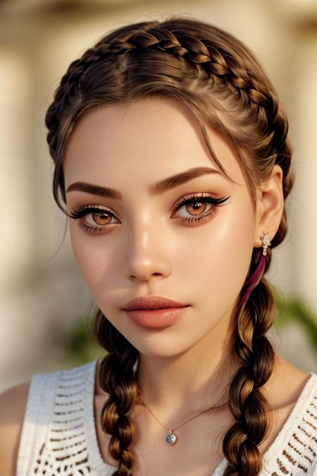 photo of <lora:sd15_ShaelahMcGilton_v1-000018:.9> ShaelahMcGilton lipstick invisible makeup wing eyeliner, focus on eyes, close up on face, wearing jewelry, hair styled five-strand braid,