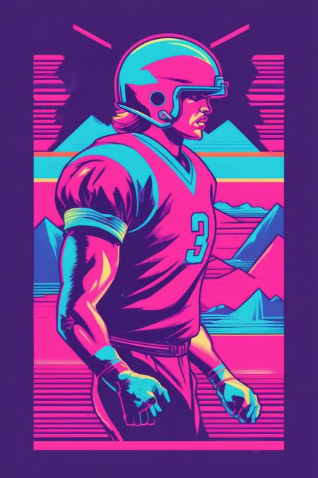 <lora:Synthwave T-shirt:1>Synthwave T-shirt - A t-shirt design featuring a sports team logo or athlete in a neon-colored, retro style. The design should have a bold and dynamic mood, with a nod to classic sports apparel from the 80s and 90s.