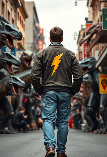the back view of a man with jeans and a jacket with a yellow bolt logo with his hands in his pocket walking in a crazy street 
in the middle of monsters, dinosaurs, samurais, robots, fantasy characters and movie characters