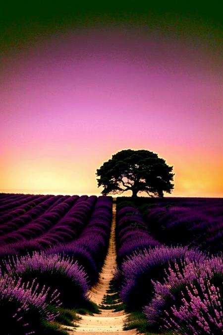 a purple field with a lone tree in the distance